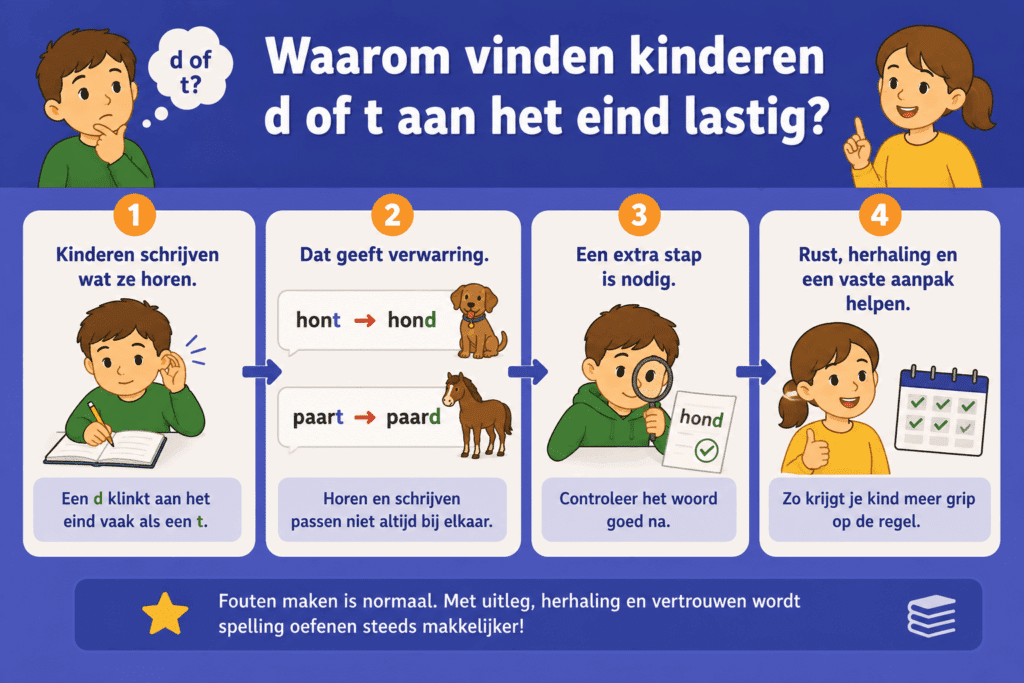Educatieve infographic over waarom kinderen d en t aan het einde van woorden lastig vinden. De afbeelding laat zien dat een d vaak klinkt als een t, waardoor fouten zoals hont in plaats van hond en paart in plaats van paard kunnen ontstaan.