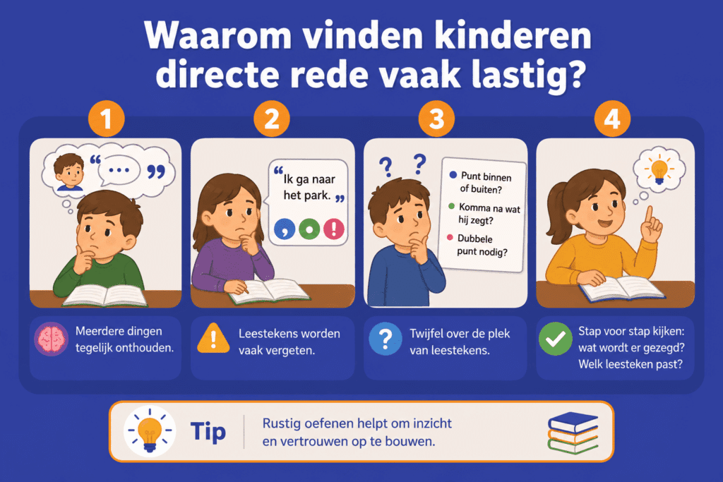 Educatieve infographic over waarom kinderen directe rede lastig vinden, met aandacht voor aanhalingstekens, leestekens en stap voor stap bepalen wat letterlijk wordt gezegd.