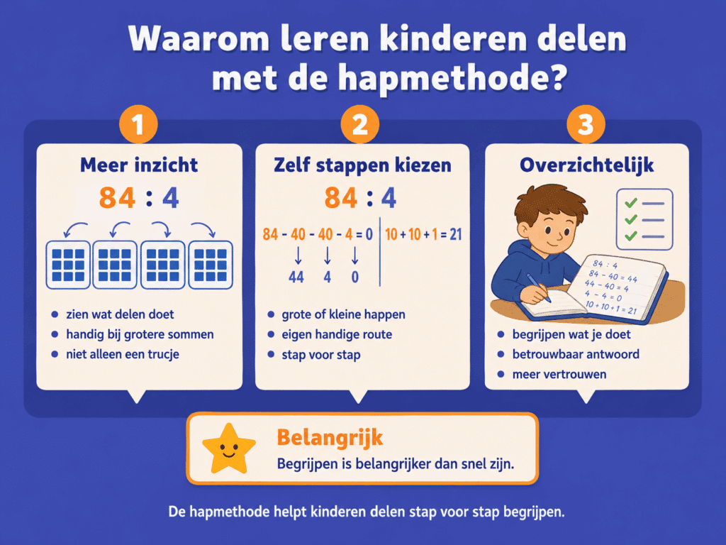 Infographic die uitlegt waarom kinderen leren delen met de hapmethode, met aandacht voor inzicht, eigen stappen kiezen en overzichtelijk rekenen.