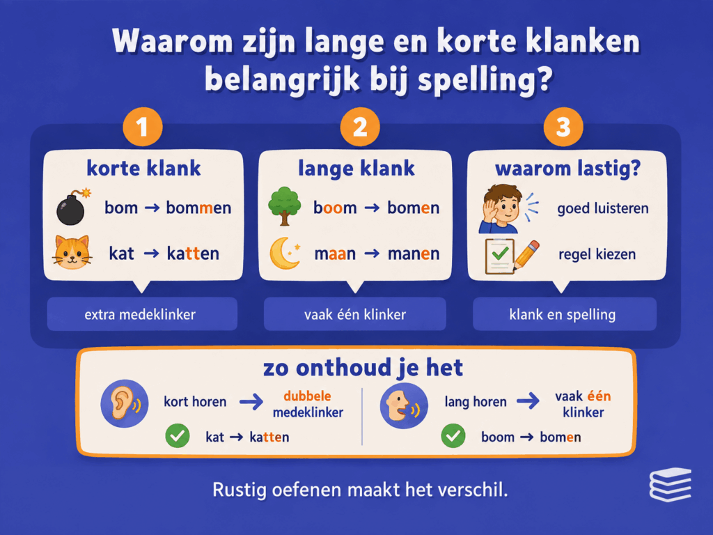 Educatieve infographic over waarom lange en korte klanken belangrijk zijn bij spelling. De afbeelding laat zien dat bij een korte klank vaak een extra medeklinker komt, zoals bom naar bommen en kat naar katten, en dat bij een lange klank vaak één klinker blijft staan, zoals boom naar bomen en maan naar manen.