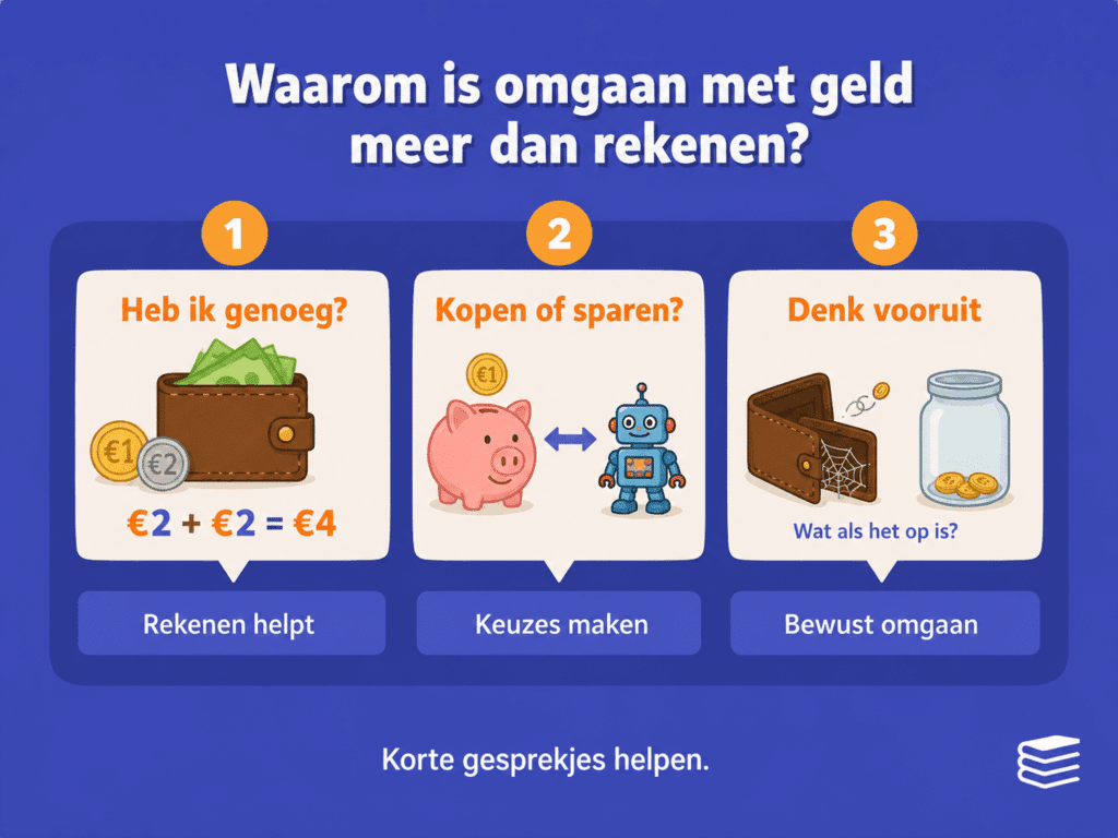 Educatieve infographic over waarom omgaan met geld meer is dan alleen rekenen. De afbeelding laat zien dat kinderen leren controleren of ze genoeg geld hebben, kiezen tussen kopen en sparen en nadenken over wat er gebeurt als hun geld op is.