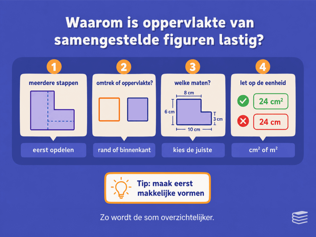 Educatieve infographic over waarom de oppervlakte van samengestelde figuren lastig kan zijn voor kinderen.