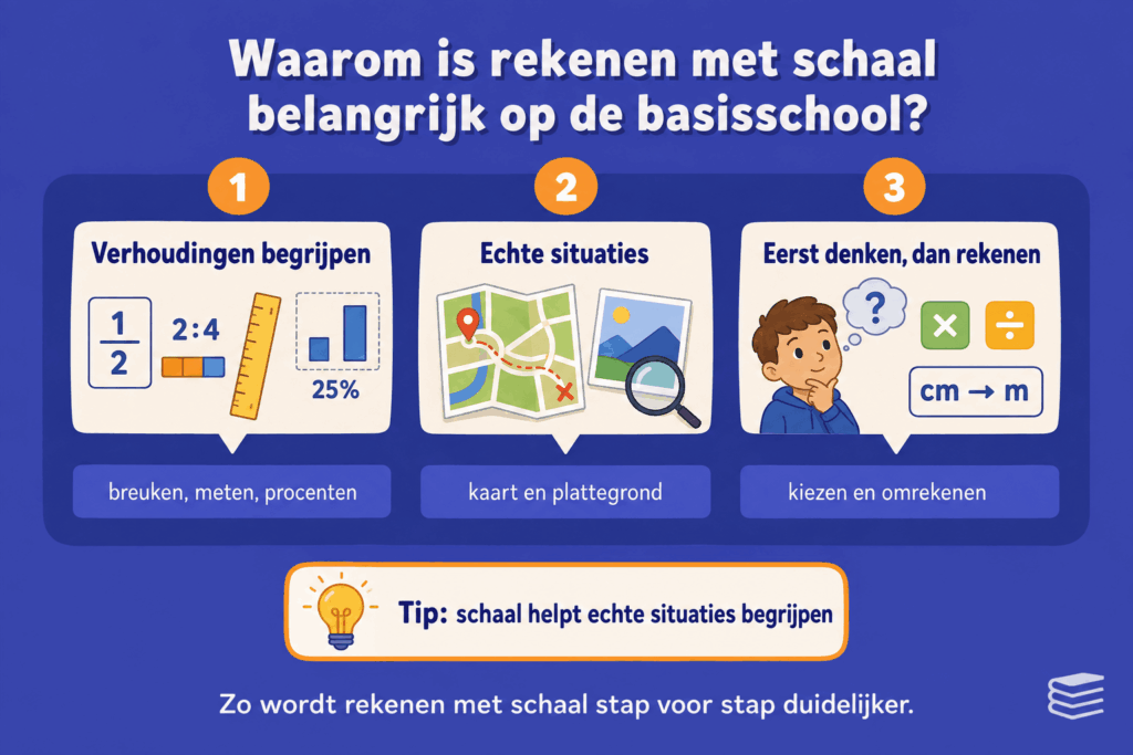 Educatieve infographic over waarom rekenen met schaal belangrijk is op de basisschool. De afbeelding laat zien dat kinderen met schaal verhoudingen leren begrijpen, oefenen met kaarten en plattegronden en moeten bepalen of ze moeten vermenigvuldigen, delen of omrekenen.