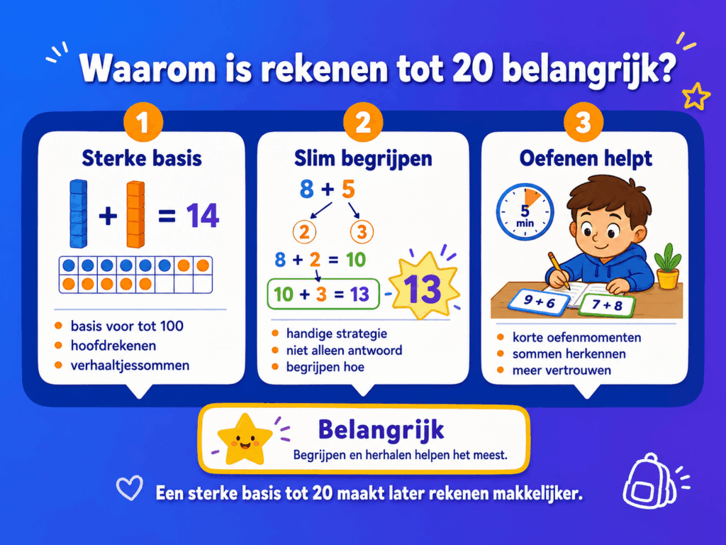 Infographic over waarom rekenen tot 20 belangrijk is, met aandacht voor een sterke basis, slimme strategieën en regelmatig oefenen.