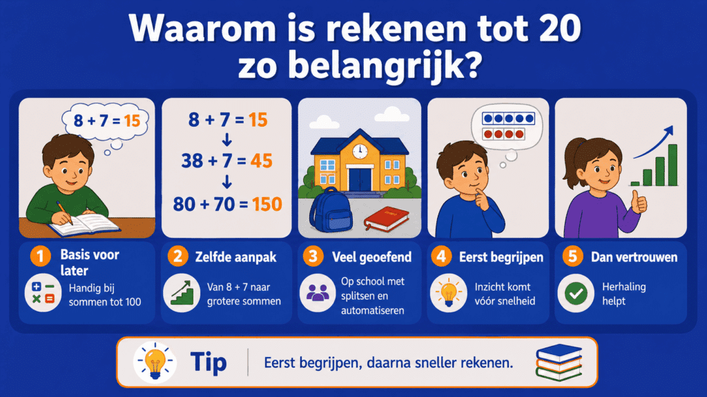 Educatieve infographic over waarom rekenen tot 20 belangrijk is, met voorbeelden van sommen, getalbegrip, herhaling en de stap naar grotere rekensommen.