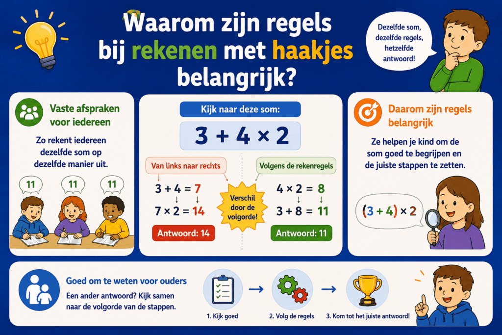 Educatieve infographic voor kinderen over de volgorde van bewerkingen bij rekenen. De som 3 + 4 × 2 laat zien dat van links naar rechts rekenen 14 geeft, terwijl de juiste rekenvolgorde uitkomt op 11.