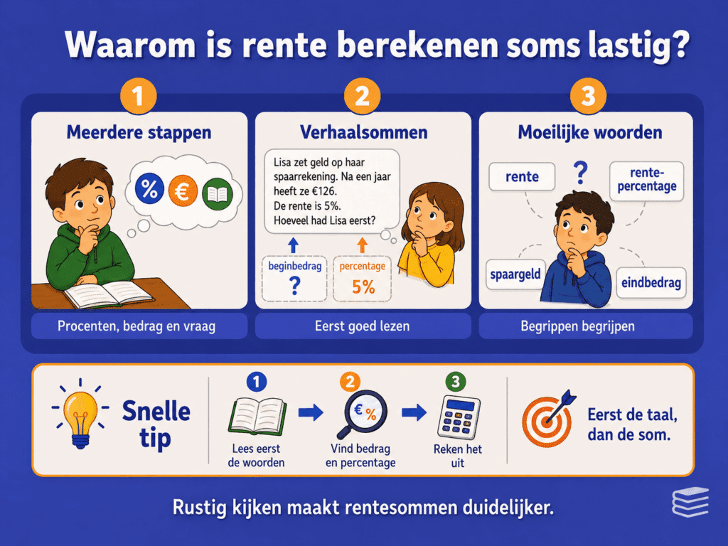 Educatieve infographic over waarom rente berekenen lastig kan zijn, met aandacht voor procenten, verhaalsommen, begrippen zoals rente en spaargeld en het stap voor stap lezen van de som.