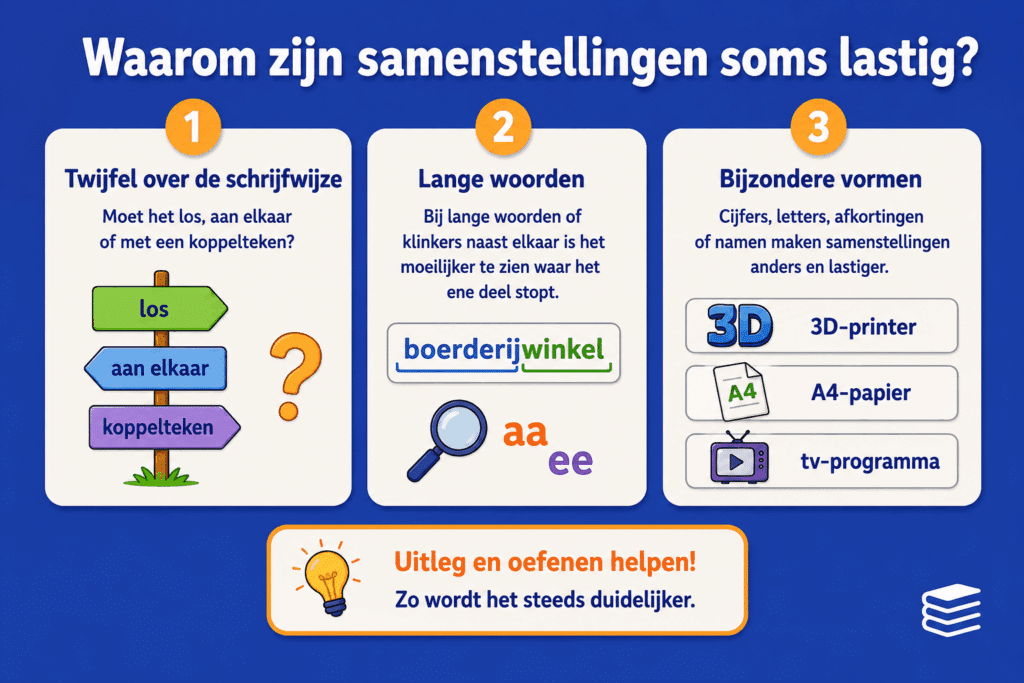 Educatieve infographic voor kinderen over waarom samenstellingen lastig kunnen zijn. De afbeelding laat zien dat kinderen kunnen twijfelen tussen los schrijven, aan elkaar schrijven of een koppelteken gebruiken. Ook lange woorden en vormen met cijfers, letters en afkortingen maken samenstellingen soms moeilijker.