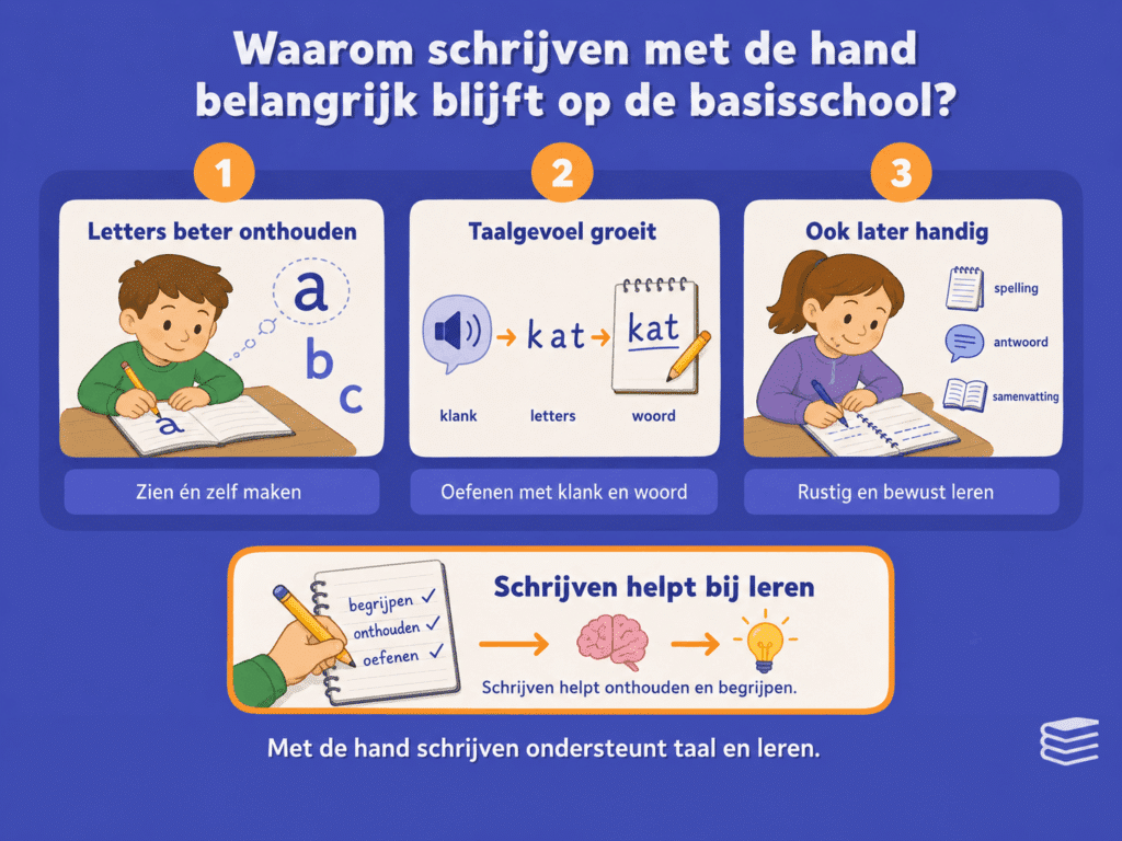 Educatieve infographic over waarom schrijven met de hand belangrijk blijft op de basisschool, met aandacht voor letters onthouden, taalgevoel ontwikkelen en bewuster leren.