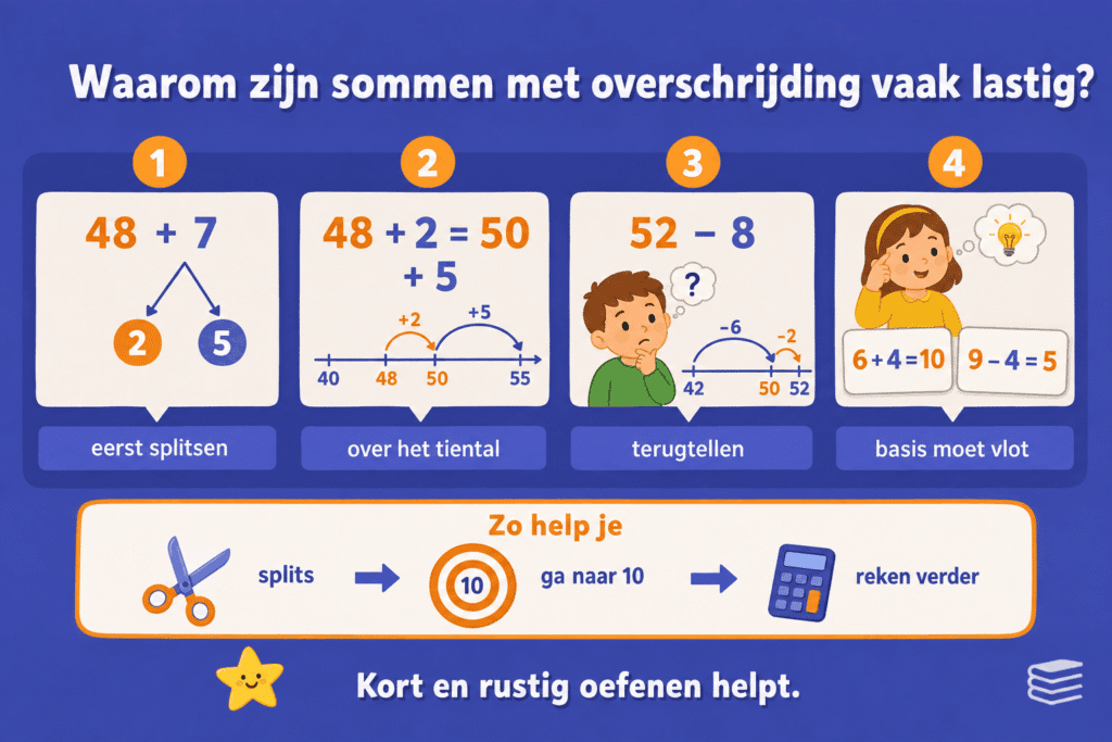 Educatieve infographic over waarom sommen met overschrijding vaak lastig zijn voor kinderen. De afbeelding laat zien dat kinderen eerst moeten splitsen, over het tiental moeten rekenen, bij aftrekken goed moeten terugtellen en dat een vlotte basis met eenvoudige sommen helpt.