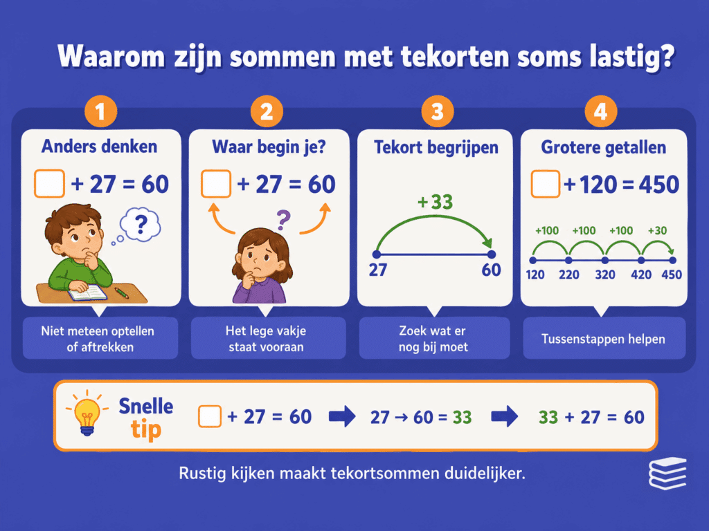 Educatieve infographic over waarom sommen met tekorten soms lastig zijn, met voorbeelden van een leeg vakje in een som, sprongen op de getallenlijn en rekenen met grotere getallen.