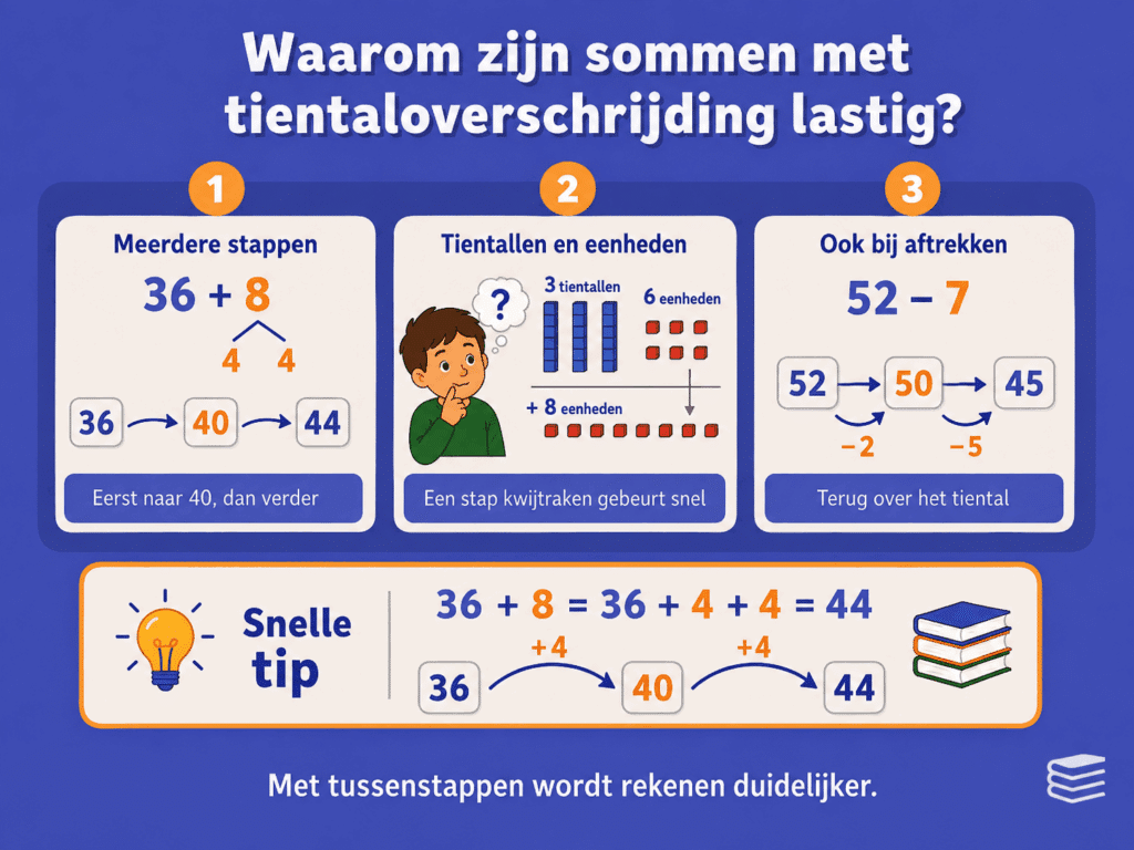 Educatieve infographic over waarom sommen met tientaloverschrijding lastig kunnen zijn, met voorbeelden van optellen en aftrekken over het tiental en het gebruik van tussenstappen.