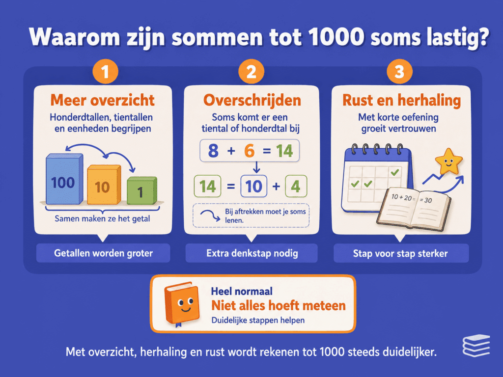 Infographic over waarom sommen tot 1000 lastig kunnen zijn, met uitleg over honderdtallen, tientallen, eenheden, overschrijden en rustig oefenen.