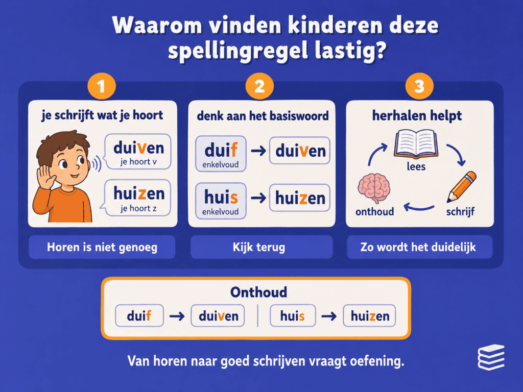 Educatieve infographic over waarom de spellingregel bij woorden met f, v, s en z lastig kan zijn. De afbeelding laat met duif en duiven en huis en huizen zien dat kinderen niet alleen moeten luisteren, maar ook moeten terugdenken aan het basiswoord.