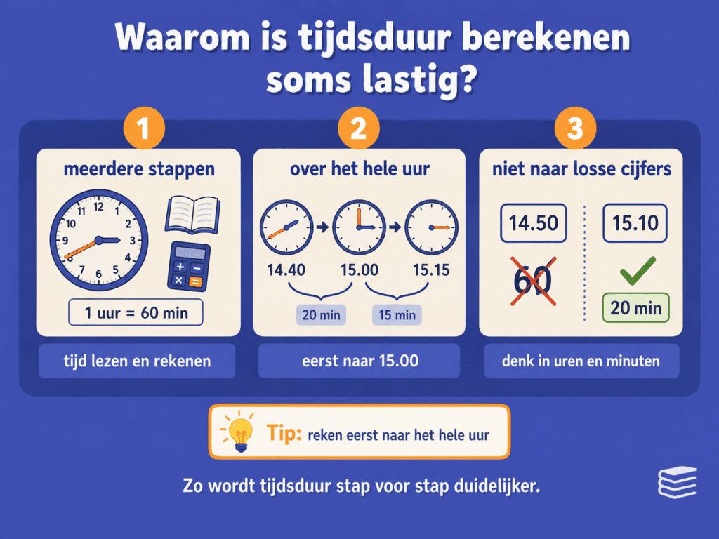 Educatieve infographic over waarom tijdsduur berekenen soms lastig is voor kinderen. De afbeelding laat zien dat kinderen meerdere stappen moeten combineren, vaak eerst naar het hele uur moeten rekenen en moeten denken in uren en minuten in plaats van alleen naar losse cijfers te kijken.