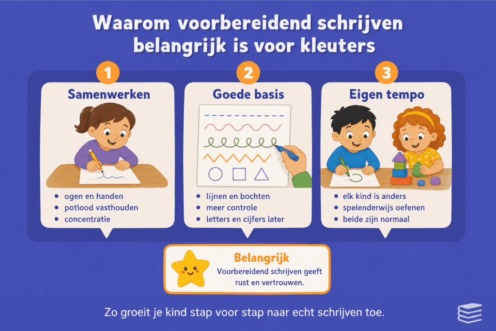 Infographic over waarom voorbereidend schrijven belangrijk is voor kleuters, met aandacht voor samenwerking van hand en oog, een goede basis en ontwikkelen in eigen tempo.