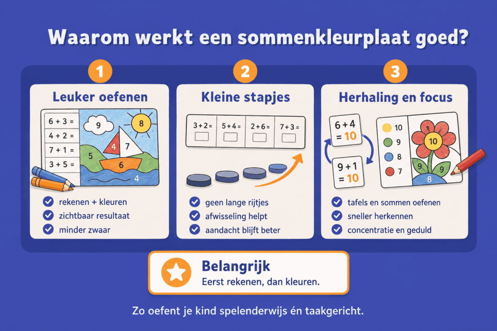 Infographic die laat zien waarom een sommenkleurplaat goed werkt bij rekenen oefenen, met aandacht voor leuker oefenen, kleine stapjes, herhaling en focus.