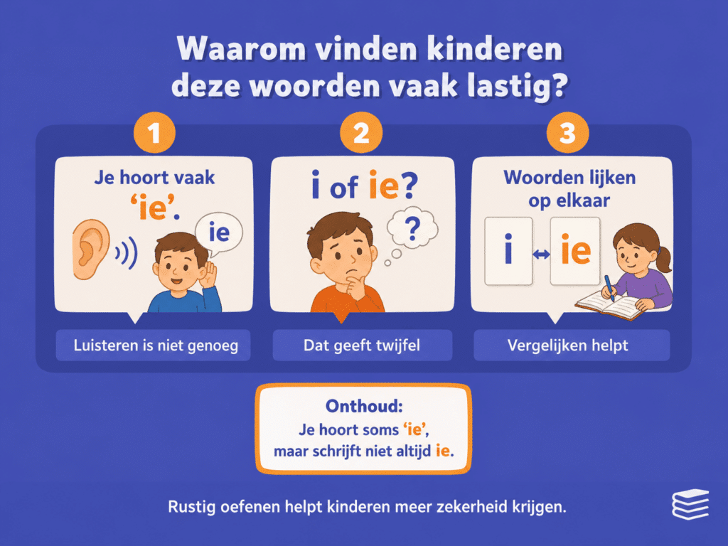 Educatieve infographic over waarom kinderen woorden met i die klinkt als ie lastig vinden. De afbeelding laat zien dat luisteren niet altijd genoeg is, dat kinderen kunnen twijfelen tussen i en ie en dat vergelijken en rustig oefenen helpt.
