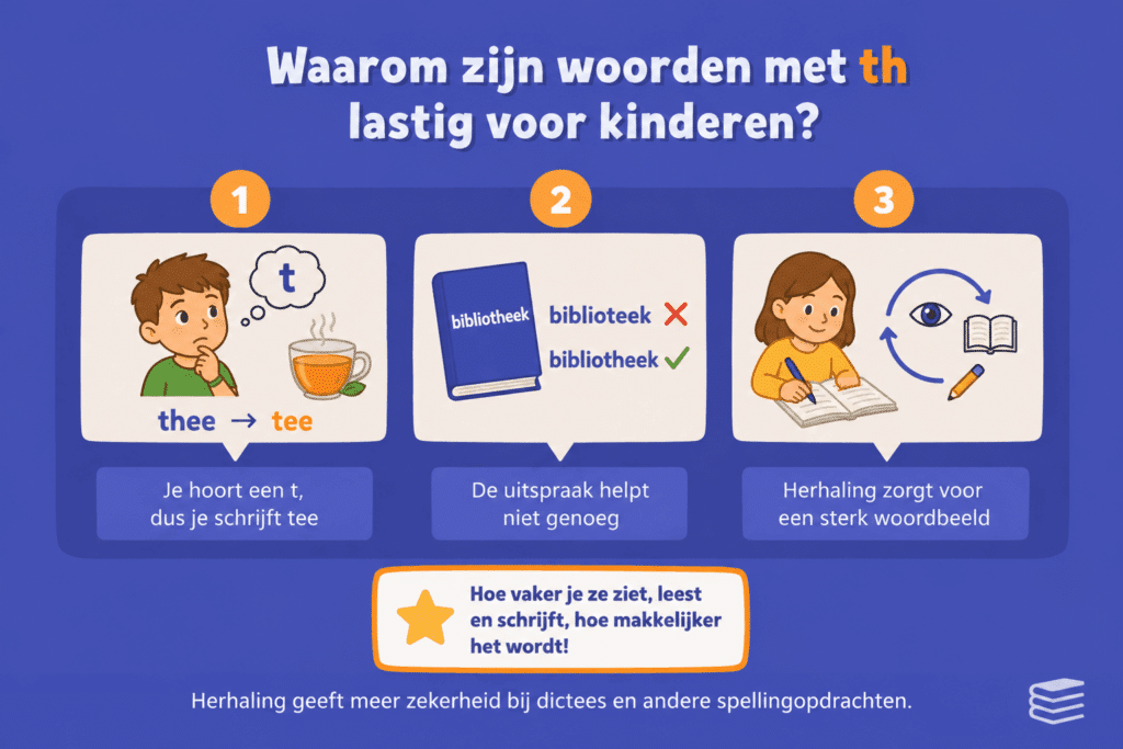 Educatieve infographic over waarom woorden met th lastig zijn voor kinderen. De afbeelding laat zien dat de uitspraak soms alleen een t laat horen, dat woorden zoals bibliotheek daardoor verkeerd gespeld kunnen worden en dat herhaling helpt om het juiste woordbeeld te onthouden.