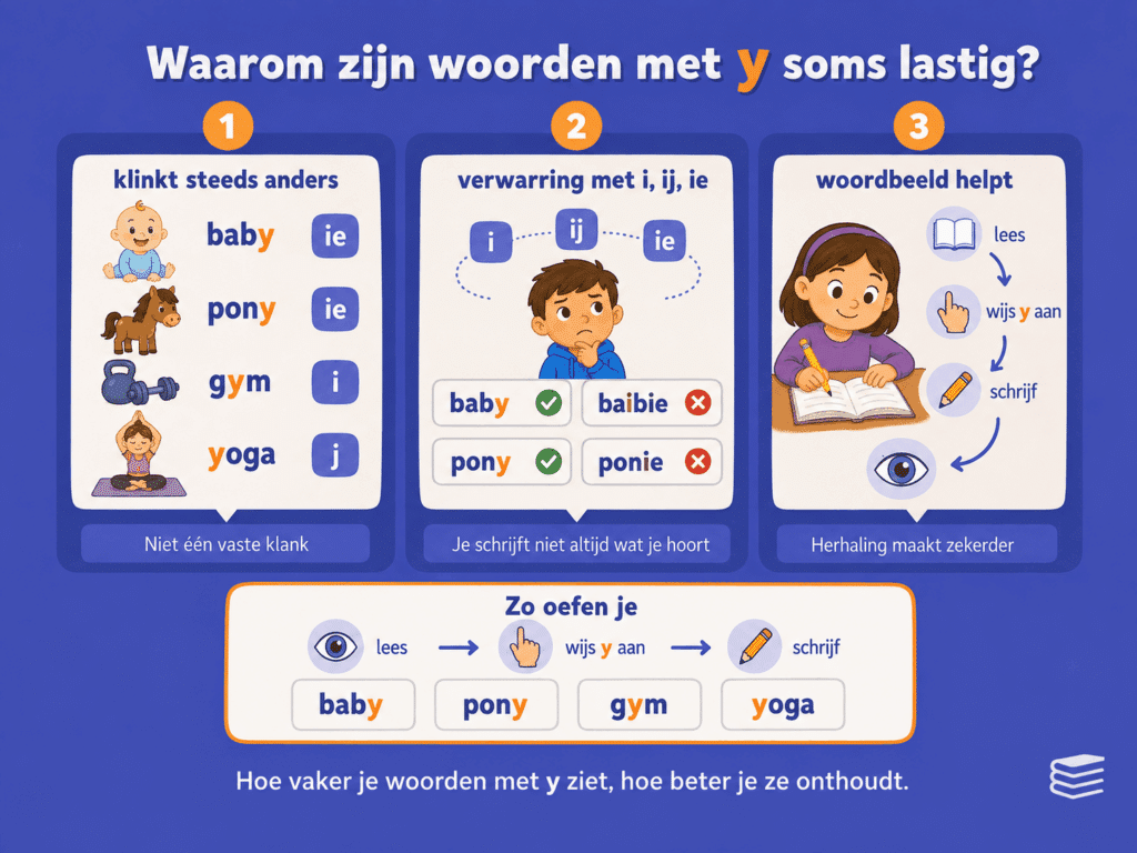 Educatieve infographic over waarom woorden met y lastig kunnen zijn voor kinderen. De afbeelding laat zien dat de y verschillende klanken kan hebben, dat verwarring met i, ij en ie vaak voorkomt en dat lezen, aanwijzen en schrijven helpt om het juiste woordbeeld te onthouden.