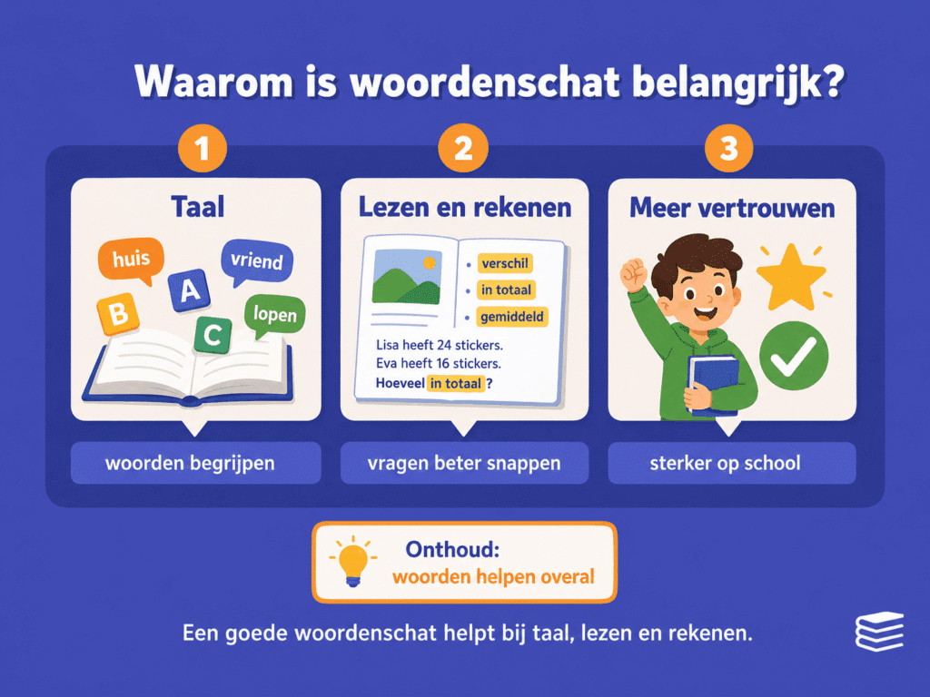 Educatieve infographic over waarom woordenschat belangrijk is voor kinderen. De afbeelding laat zien dat een goede woordenschat helpt bij taal, begrijpend lezen en rekenen en ervoor zorgt dat kinderen opdrachten beter begrijpen en met meer vertrouwen werken.
