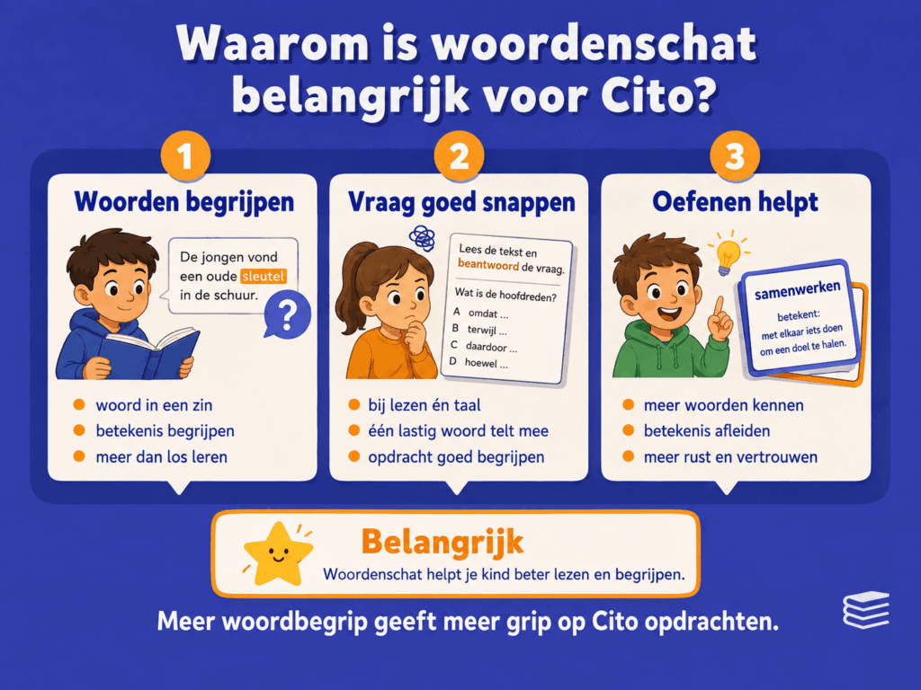 Infographic die uitlegt waarom woordenschat belangrijk is voor Cito, met aandacht voor woorden begrijpen, vragen goed snappen en oefenen voor meer vertrouwen.