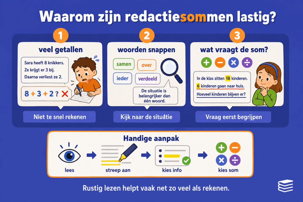 Educatieve infographic over waarom redactiesommen lastig kunnen zijn voor kinderen. De afbeelding laat zien dat kinderen de juiste informatie moeten herkennen, de vraag goed moeten begrijpen en daarna pas de passende rekenbewerking kiezen.