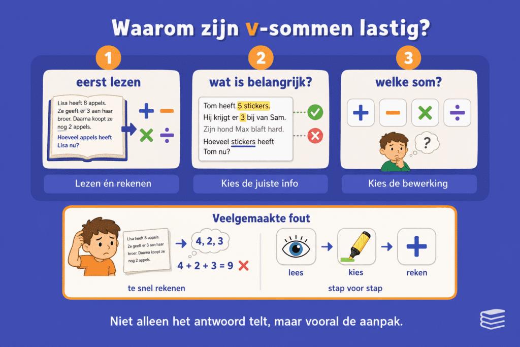 Educatieve infographic over waarom verhaalsommen vaak lastig zijn voor kinderen. De afbeelding laat in drie stappen zien dat een kind eerst goed moet lezen, daarna de belangrijke informatie moet kiezen en vervolgens de juiste bewerking moet bepalen
