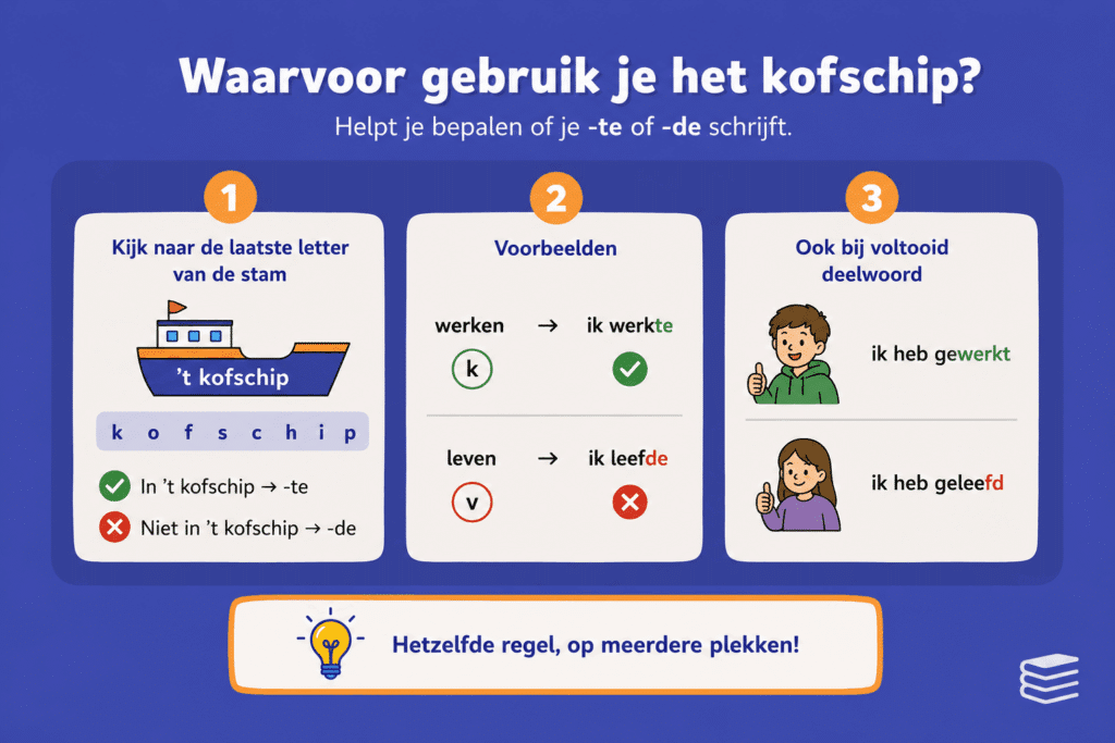 Infographic over het gebruik van ’t kofschip om bij werkwoorden te bepalen of je -te of -de schrijft, met de voorbeelden werkte, leefde, gewerkt en geleefd.