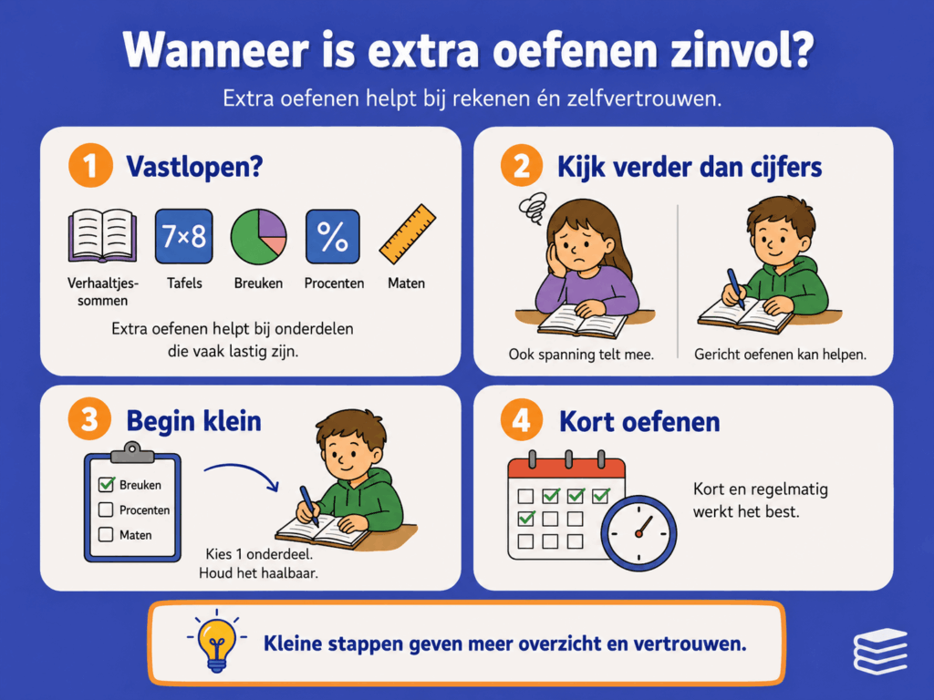 Infographic over wanneer extra oefenen met rekenen zinvol is, met aandacht voor vastlopen, spanning, klein beginnen en kort en regelmatig oefenen.