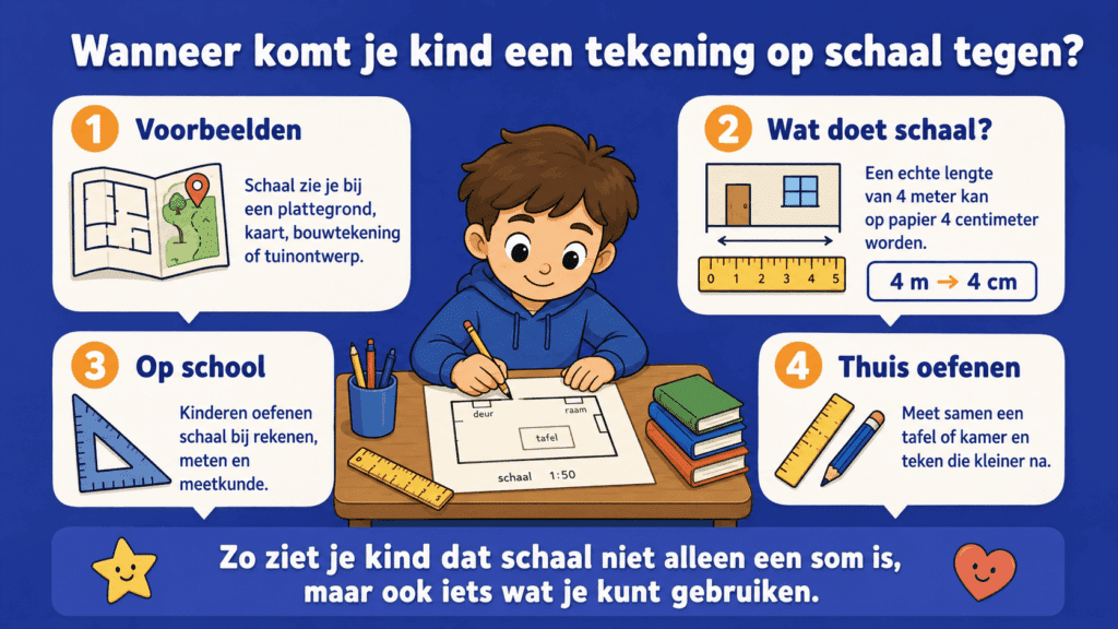 Infographic over waar kinderen te maken krijgen met schaal, zoals plattegronden, kaarten, meten en tekenen op school en thuis.