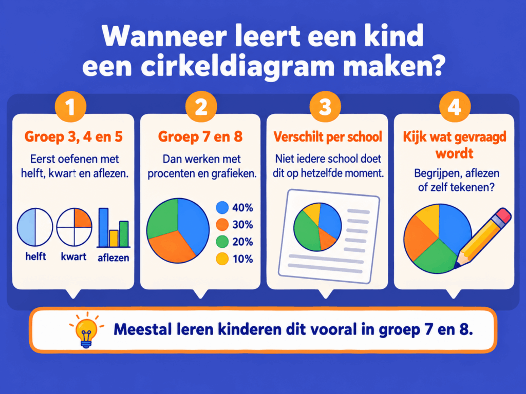 Educatieve afbeelding die laat zien wanneer kinderen een cirkeldiagram leren maken. In groep 3, 4 en 5 oefenen ze met helften, kwarten en gegevens aflezen