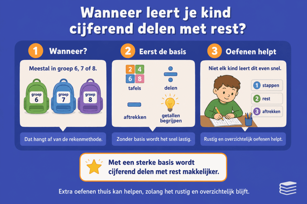 Infographic over wanneer kinderen cijferend leren delen met rest, met uitleg over groep 6, 7 en 8, het belang van een sterke basis en rustig oefenen.