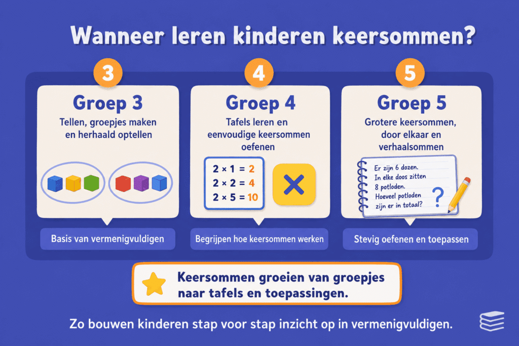Infographic die uitlegt wanneer kinderen keersommen leren op de basisschool, van groepjes maken en herhaald optellen in groep 3 tot tafels oefenen in groep 4 en keersommen toepassen in groep 5.