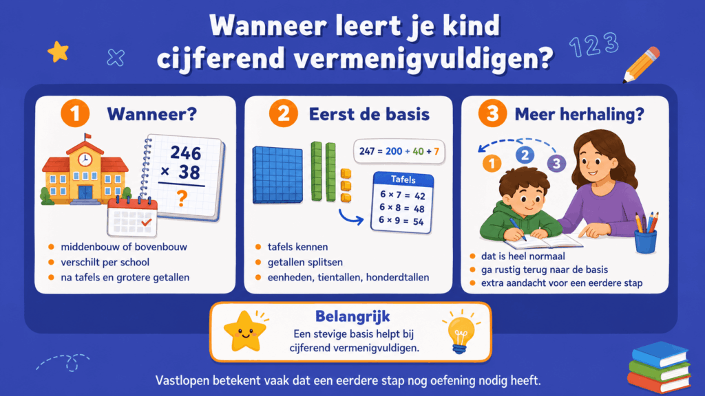 Infographic over wanneer kinderen cijferend vermenigvuldigen leren en welke basisvaardigheden daarvoor nodig zijn.