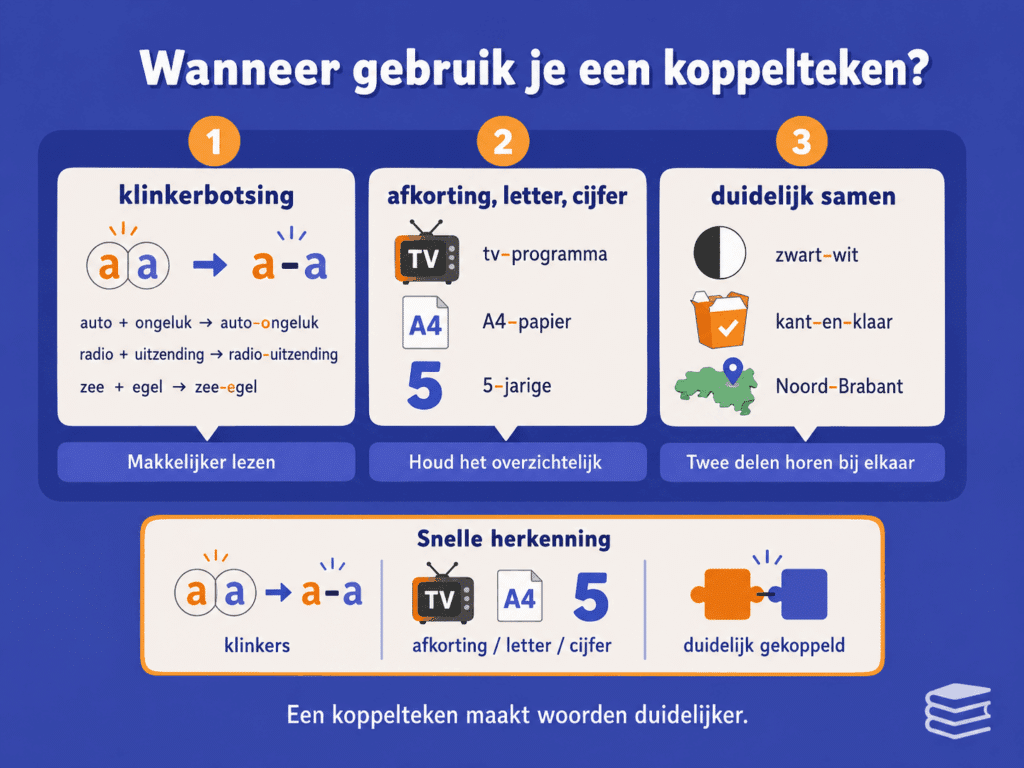 Educatieve infographic over wanneer je een koppelteken gebruikt. De afbeelding laat drie veelvoorkomende situaties zien: bij klinkerbotsing, bij afkortingen, letters en cijfers en wanneer twee woorddelen duidelijk bij elkaar horen.