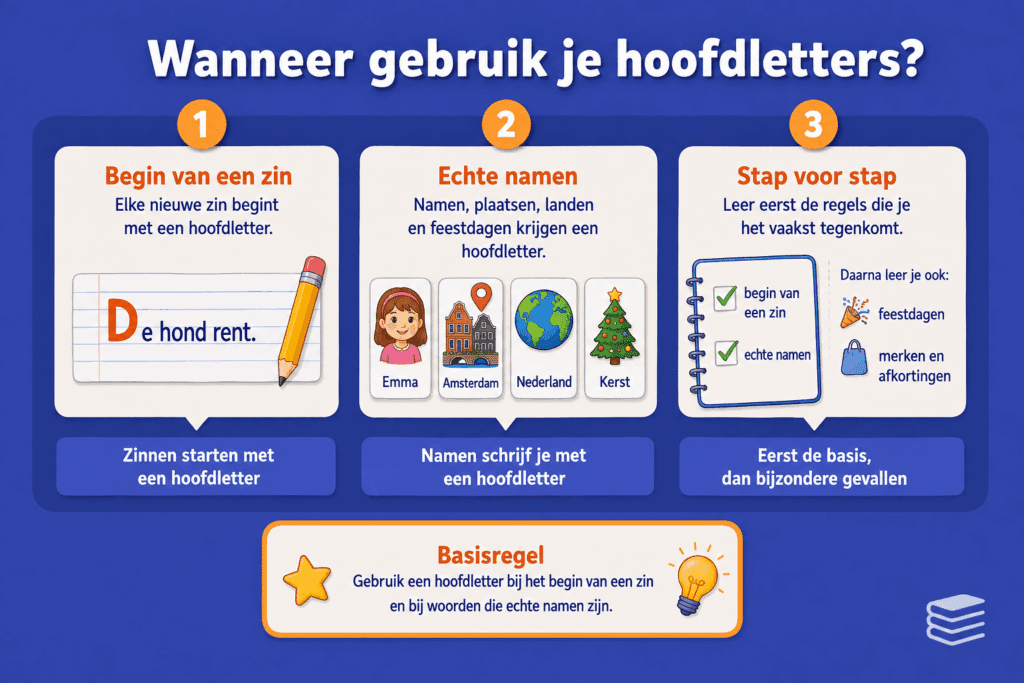 Educatieve infographic voor kinderen over het gebruik van hoofdletters. De afbeelding laat zien dat een zin met een hoofdletter begint en dat namen, plaatsen, landen en feestdagen met een hoofdletter worden geschreven.