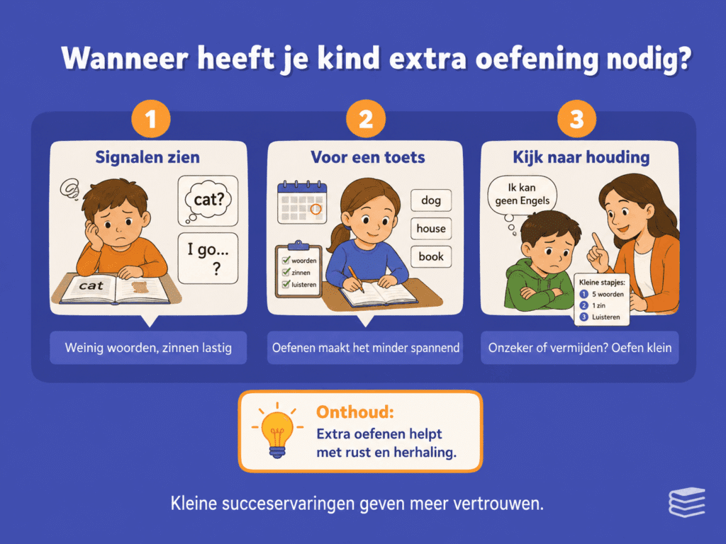 Educatieve infographic over wanneer een kind extra oefening nodig heeft. De afbeelding laat zien dat je kunt letten op signalen zoals weinig woordherkenning of moeite met zinnen, dat oefenen voor een toets kan helpen en dat houding en onzekerheid belangrijke aanwijzingen geven.