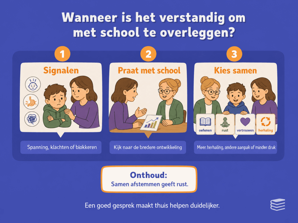 Educatieve infographic over wanneer het verstandig is om met school te overleggen. De afbeelding laat zien dat spanning, lichamelijke klachten of blokkeren signalen kunnen zijn, dat overleg met de leerkracht helpt om breder naar de ontwikkeling te kijken en dat je samen kunt bepalen of oefenen, rust, herhaling of meer vertrouwen nodig is.
