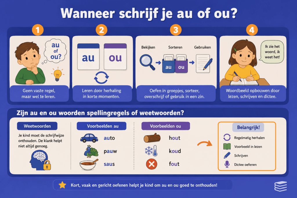 Educatieve infographic over wanneer je au of ou schrijft. De afbeelding laat zien dat au en ou woorden meestal weetwoorden zijn en dat kinderen de spelling beter onthouden door woorden te bekijken, sorteren, schrijven, lezen en regelmatig te herhalen.
