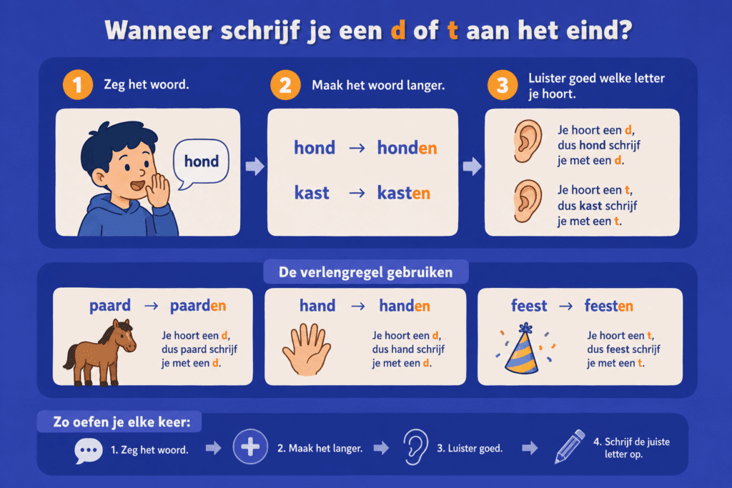 Infographic die uitlegt hoe kinderen met de verlengregel bepalen of een woord eindigt op een d of t.