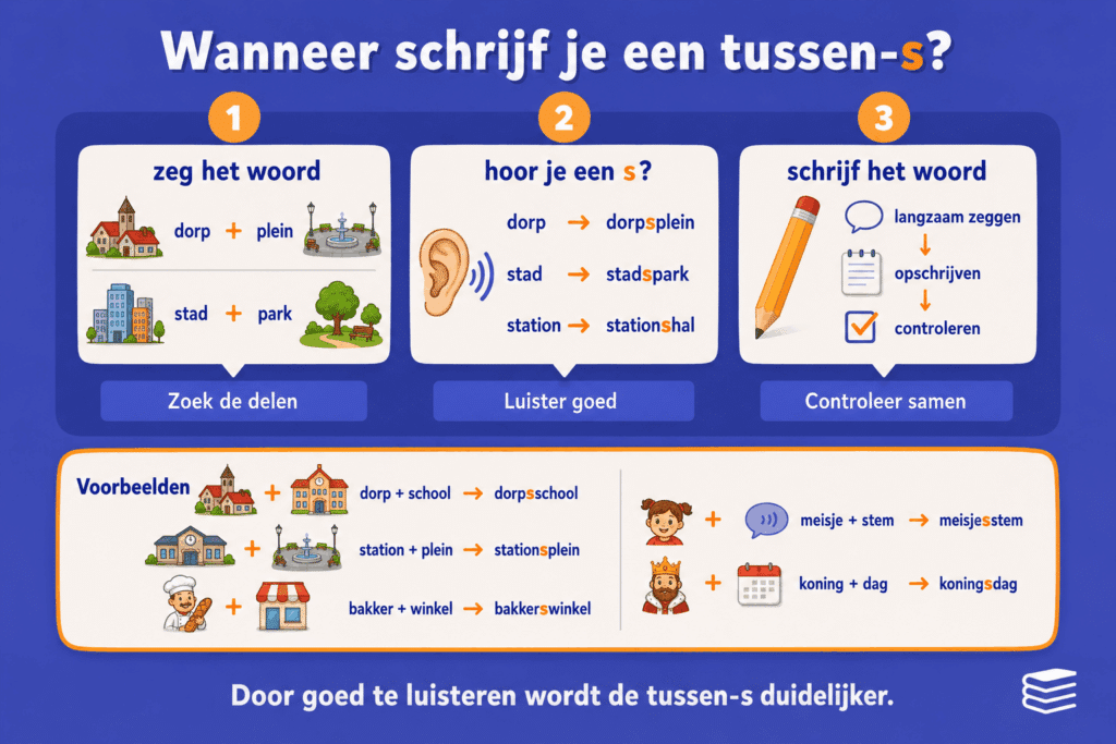 Educatieve infographic over wanneer je een tussen s schrijft, uitgelegd in drie stappen: luister naar het woord, hoor of er een s klinkt en schrijf daarna het woord op. Onderaan staan voorbeelden zoals dorpsschool, stationsplein, bakkerswinkel, meisjesstem en koningsdag.