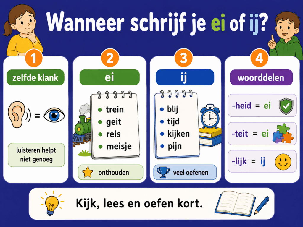 Educatieve infographic over wanneer je ei of ij schrijft. De afbeelding laat zien dat beide dezelfde klank kunnen hebben, geeft voorbeelden van woorden met ei en ij en toont handige woorddelen zoals heid, teit en lijk.