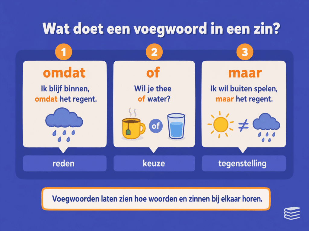 Infographic die uitlegt wat een voegwoord doet in een zin, met voorbeelden zoals omdat voor reden, of voor keuze en maar voor tegenstelling.