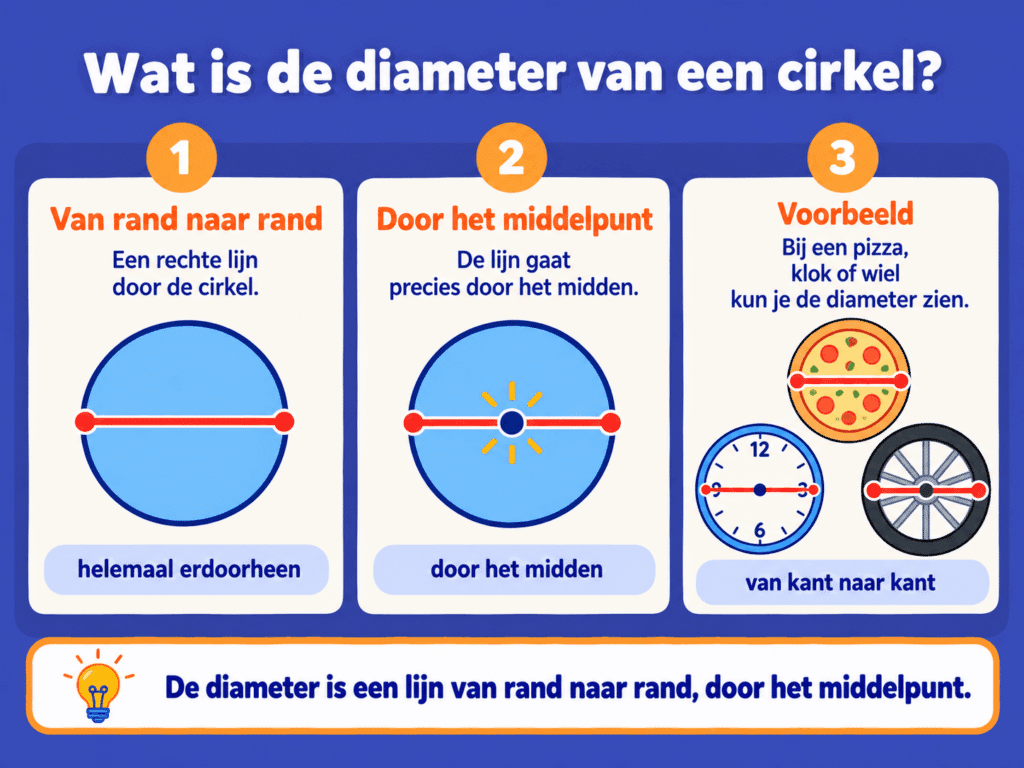 Educatieve afbeelding die uitlegt wat de diameter van een cirkel is. In drie stappen zien kinderen dat de diameter een rechte lijn is die van rand naar rand door het middelpunt loopt,