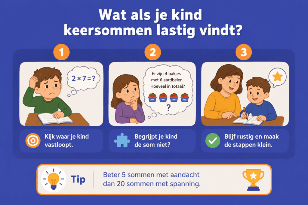 Educatieve infographic over wat je kunt doen als een kind keersommen lastig vindt, met aandacht voor begrijpen waar het vastloopt, kleine stappen en rustig oefenen.