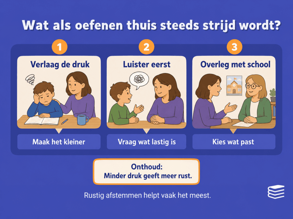 Educatieve infographic over wat je kunt doen als oefenen thuis steeds strijd wordt. De afbeelding laat zien dat minder druk, goed luisteren naar je kind en overleg met school kunnen helpen om het oefenen rustiger en beter passend te maken.