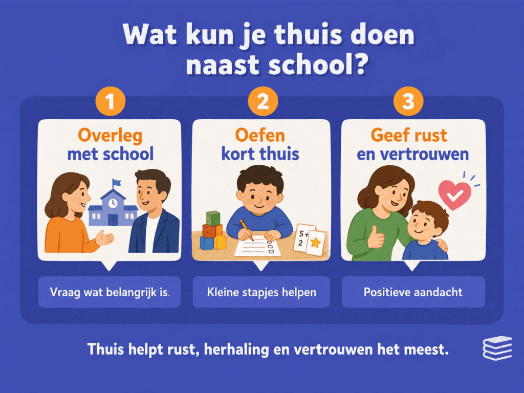 Educatieve infographic over wat je thuis kunt doen naast school. De afbeelding laat zien dat overleg met school, korte oefenmomenten en positieve aandacht helpen om je kind met rust, herhaling en vertrouwen te ondersteunen.