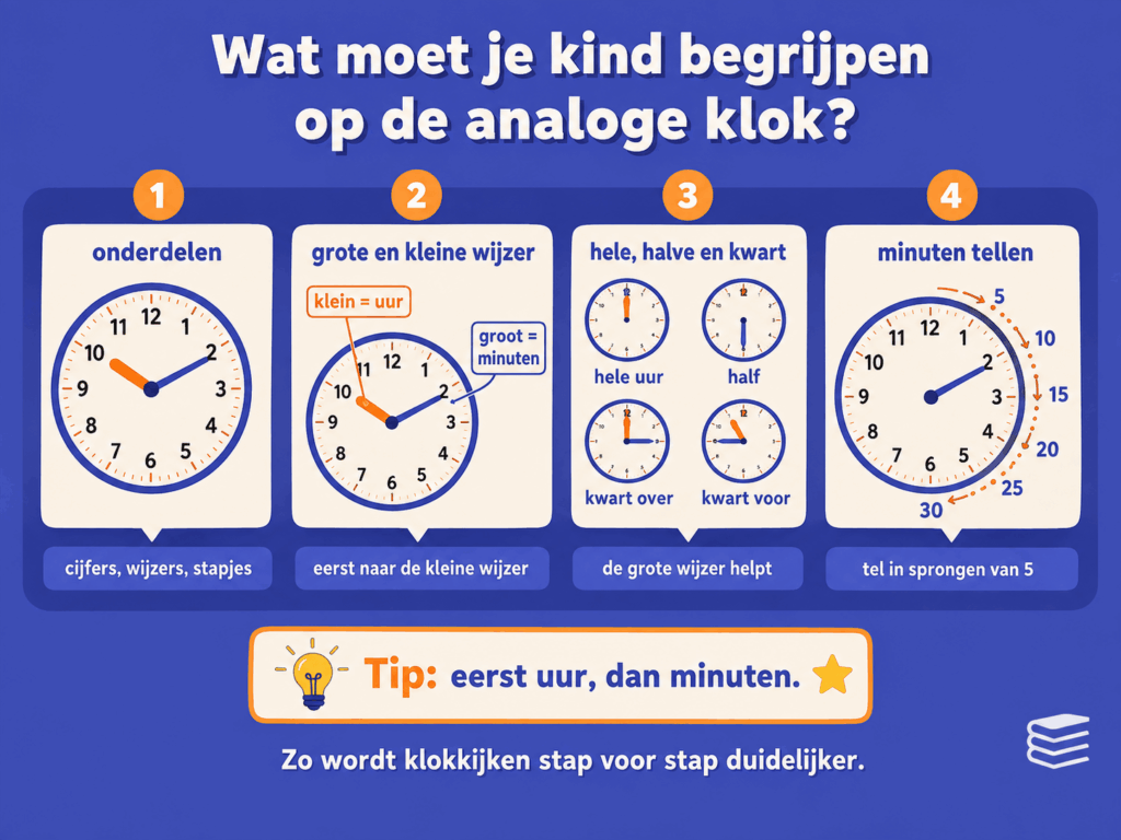 Educatieve infographic over wat een kind moet begrijpen op de analoge klok. De afbeelding laat zien dat kinderen eerst de onderdelen van de klok leren kennen, daarna het verschil tussen de grote en kleine wijzer, vervolgens hele uren, halve uren en kwartieren herkennen en tot slot minuten tellen in sprongen van 5.