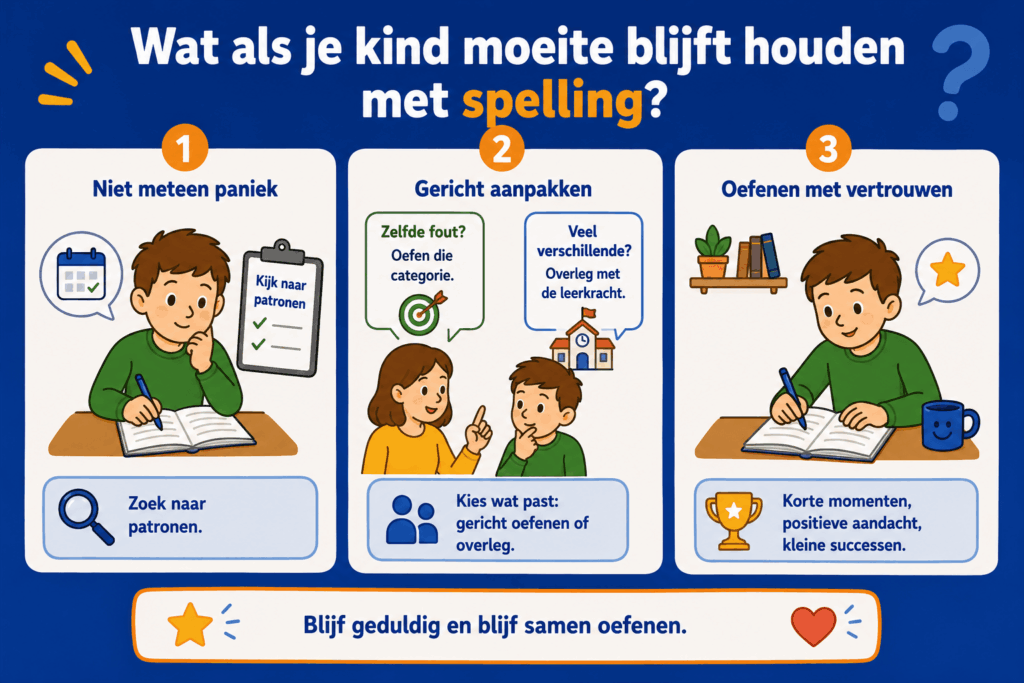 Educatieve infographic over wat je kunt doen als je kind moeite blijft houden met spelling. De afbeelding laat zien dat je kunt zoeken naar terugkerende fouten, gericht kunt oefenen of overleggen met de leerkracht en dat korte oefenmomenten met positieve aandacht helpen om meer vertrouwen op te bouwen.
